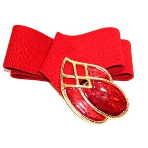 Day Lor Gold Tone Red Enamel Elastic Stretch Waist Buckle Belt Vintage One Size